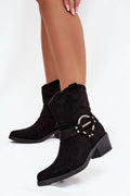bottines cowboy western suédine noires écologiques talon bloc confortables bout amande bride décorative anneau argenté rivets semelle antidérapante