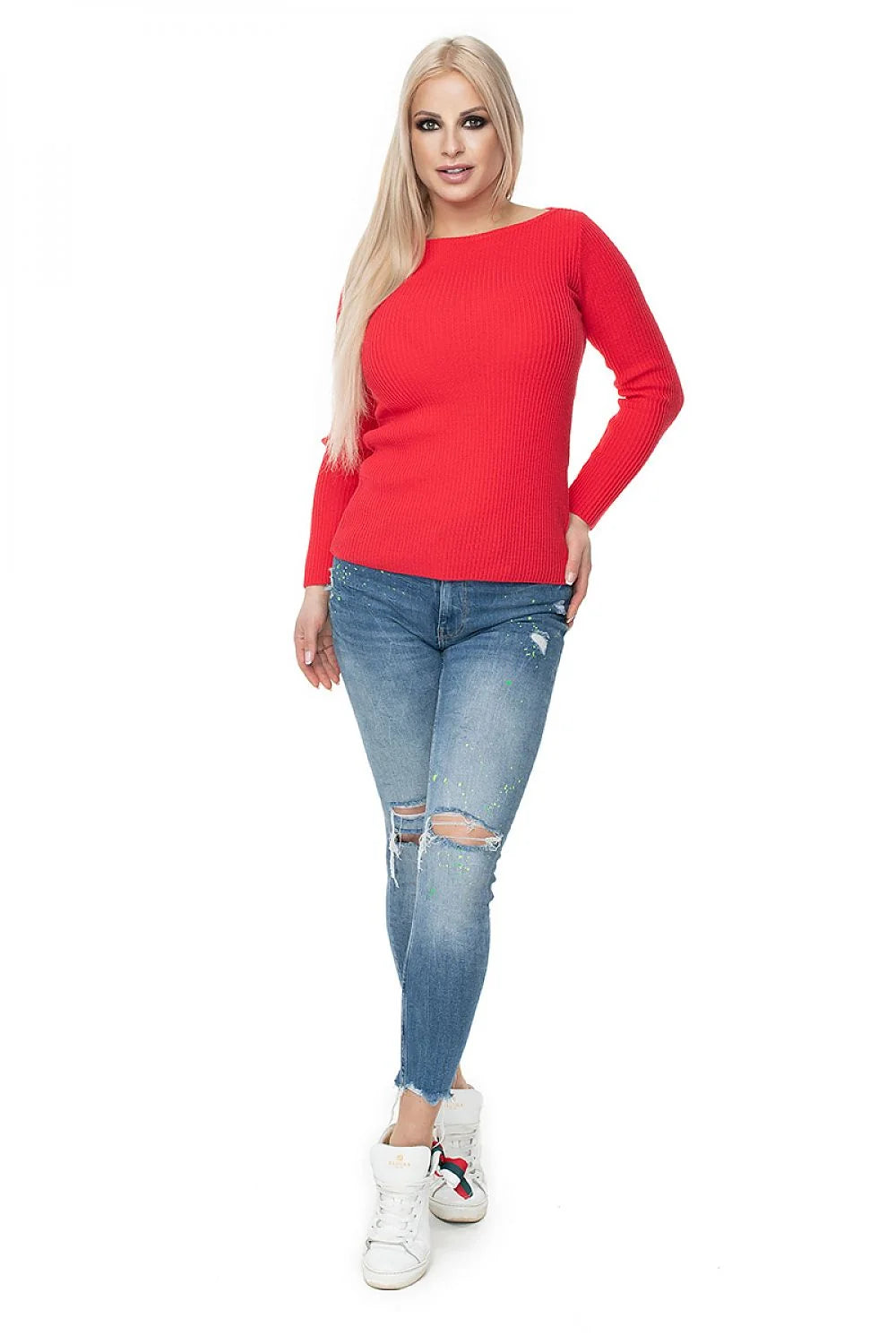 Pull Femme Chandail Pee Ka Boo Rouge Vif Côtelé Encolure Bateau Manches Longues Coupe Près du Corps Matière Douce Confort Élégance Mode