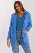Cardigan femme élégant bleu motifs floraux manches longues coupe ample poches plaquées tricot moelleux