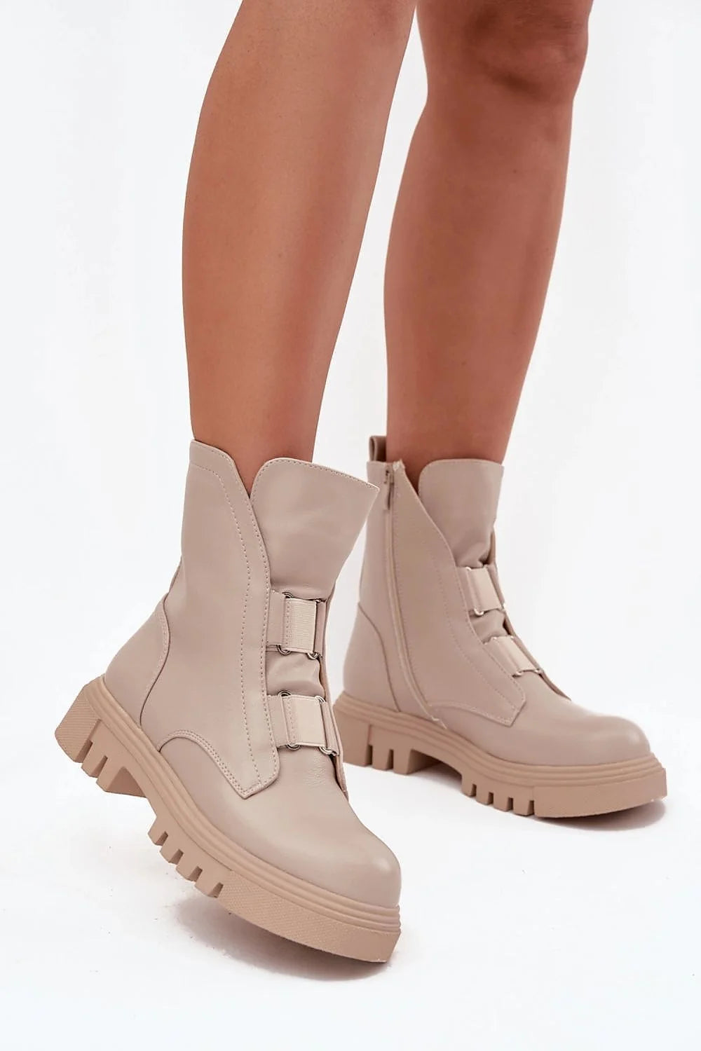 bottine femme similicuir beige rosé micheville sangles frontales décoratives fourrure synthétique semelle plateforme crantée antidérapante chunky urbaine confortable