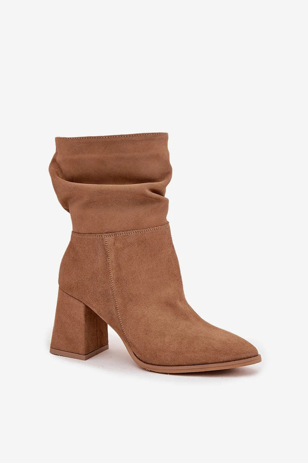 bottines femme suédine camel bout amande talon bloc moyen tige froncée slouch fermeture éclair doublure feutre chaud élégant urbain intemporel