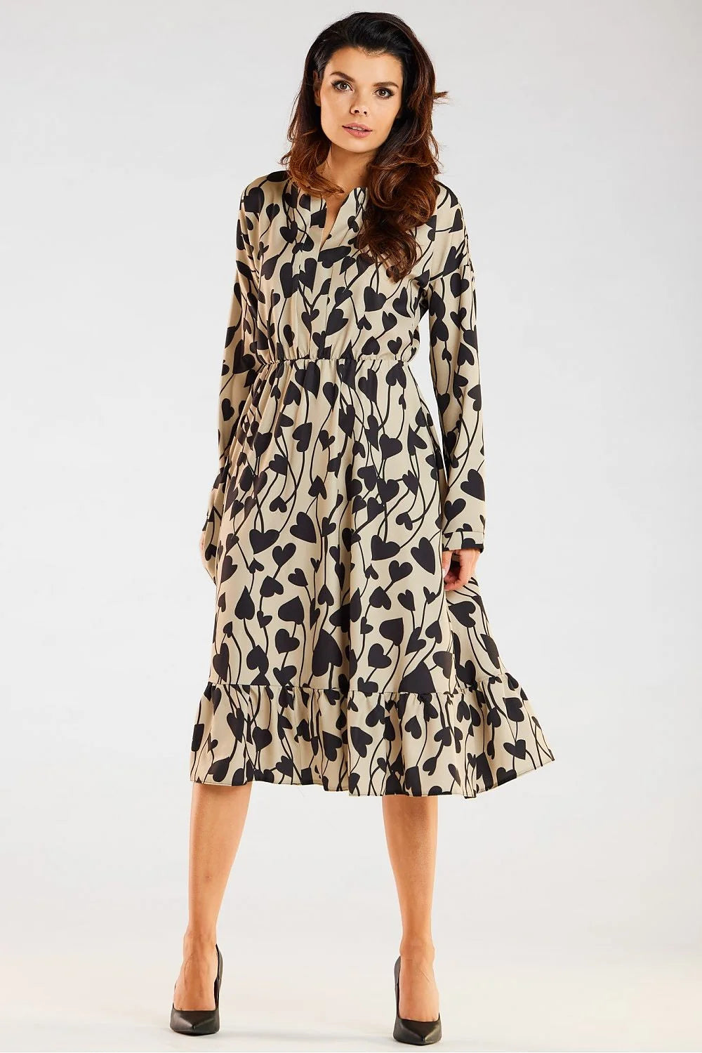 Robe awama femme style décontracté élégant floral automnal couleurs marron beige blanc noir manches longues taille élastiquée