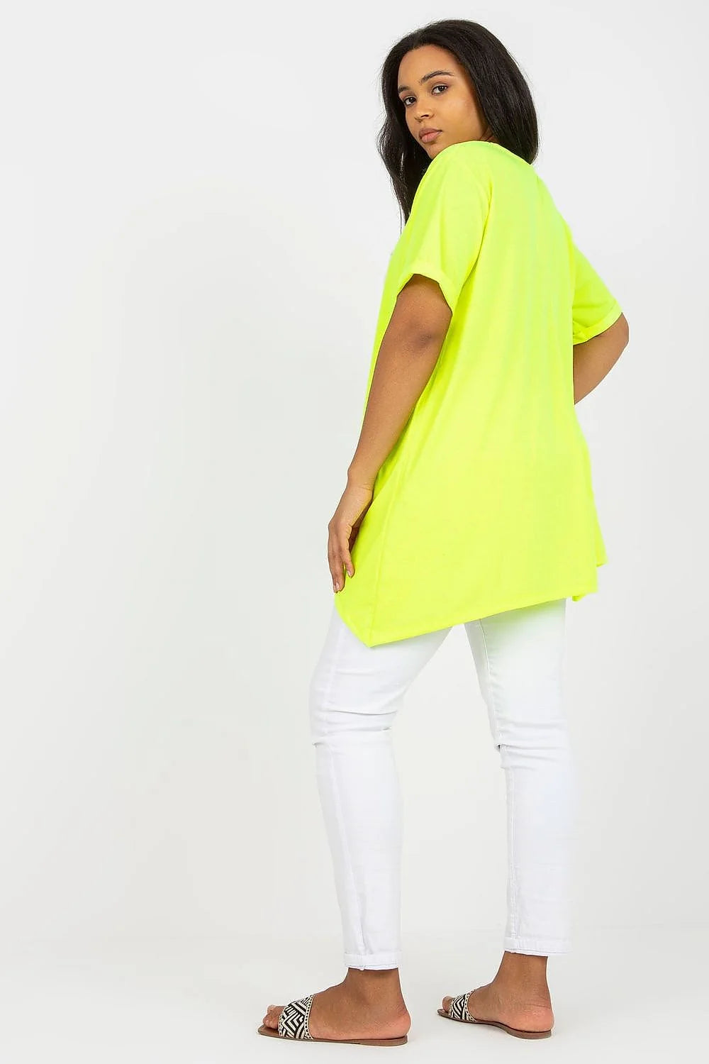 Tunique viscose élasthanne jaune encolure bateau manches courtes bas asymétrique coupe universelle style casual été colorblock femme