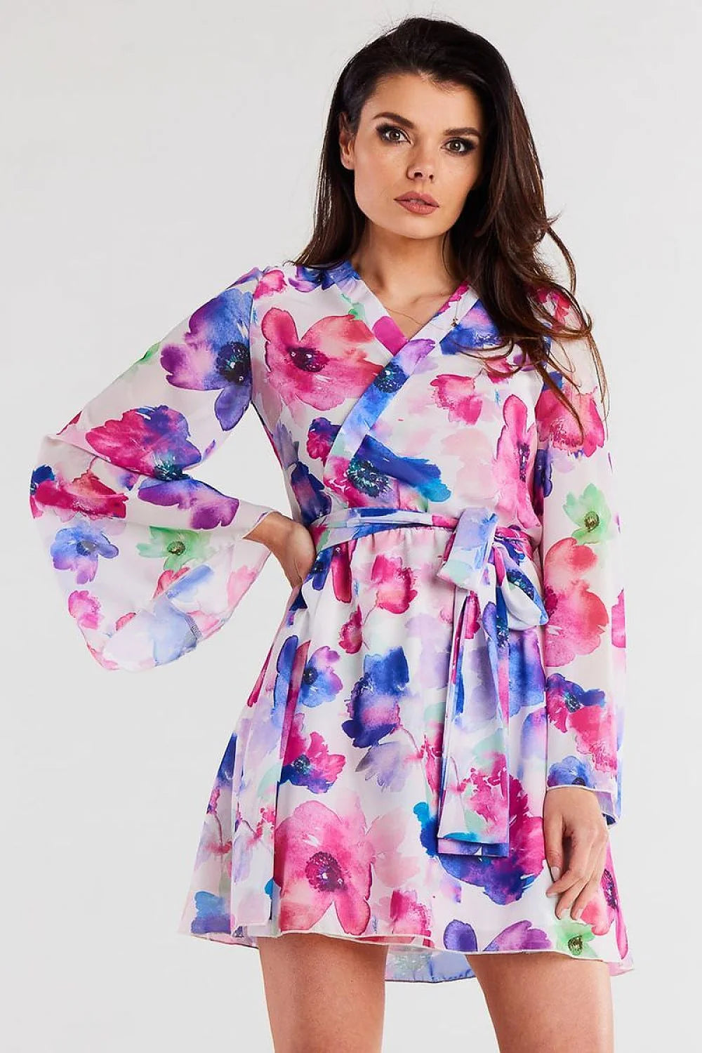 Robe féminine motif floral cache-cœur ceinture polyester manches longues décolleté V croisé ajustable taille femme