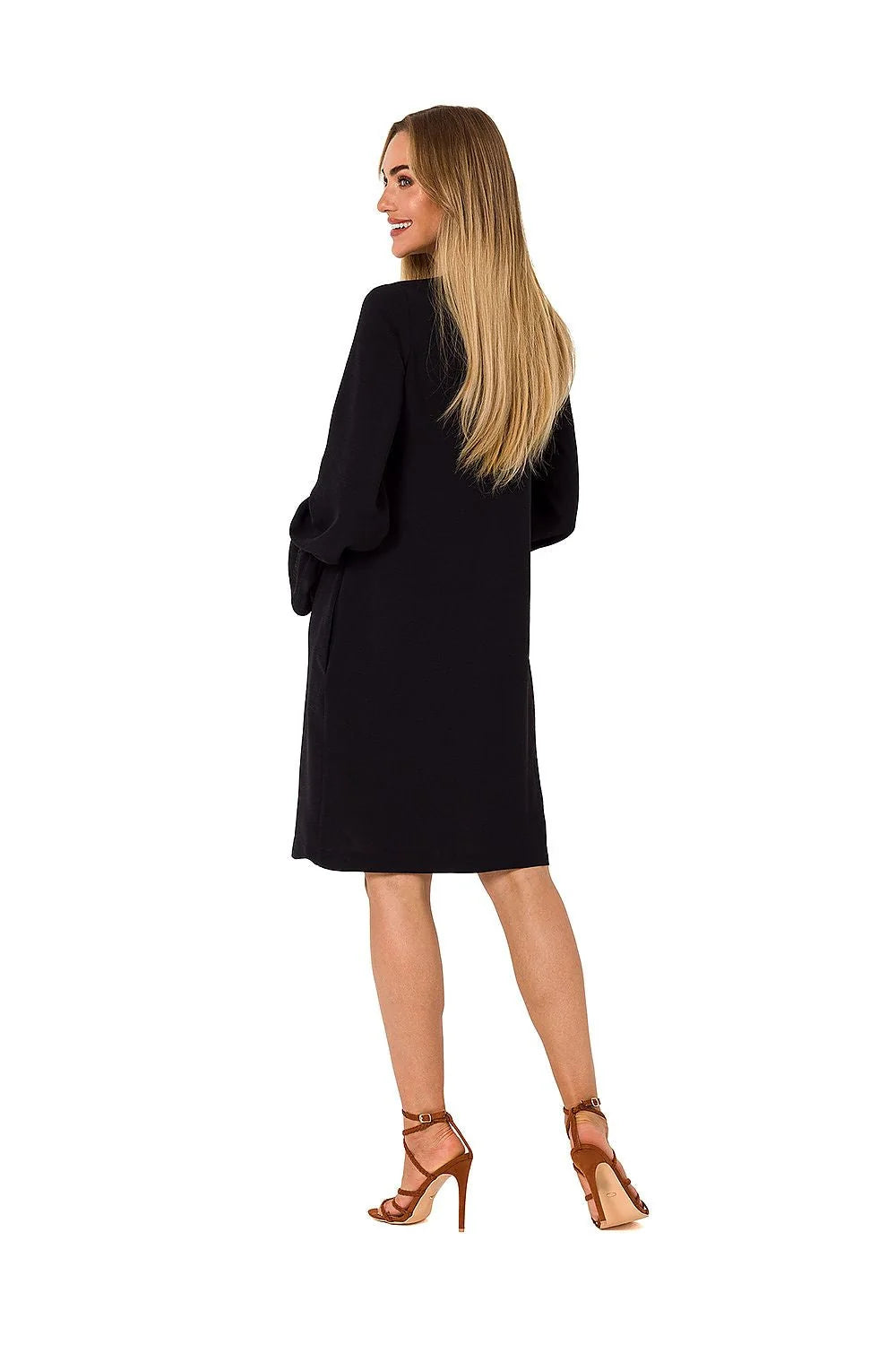 robe jour Moe femme décontracté chic manches longues évasées col lacé oeillets cordons ceinture ajustable maille souple fluide marron