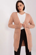 Cardigan long pour femme style casual chic mohair côtelé manches longues poches patch couleur pâle pink