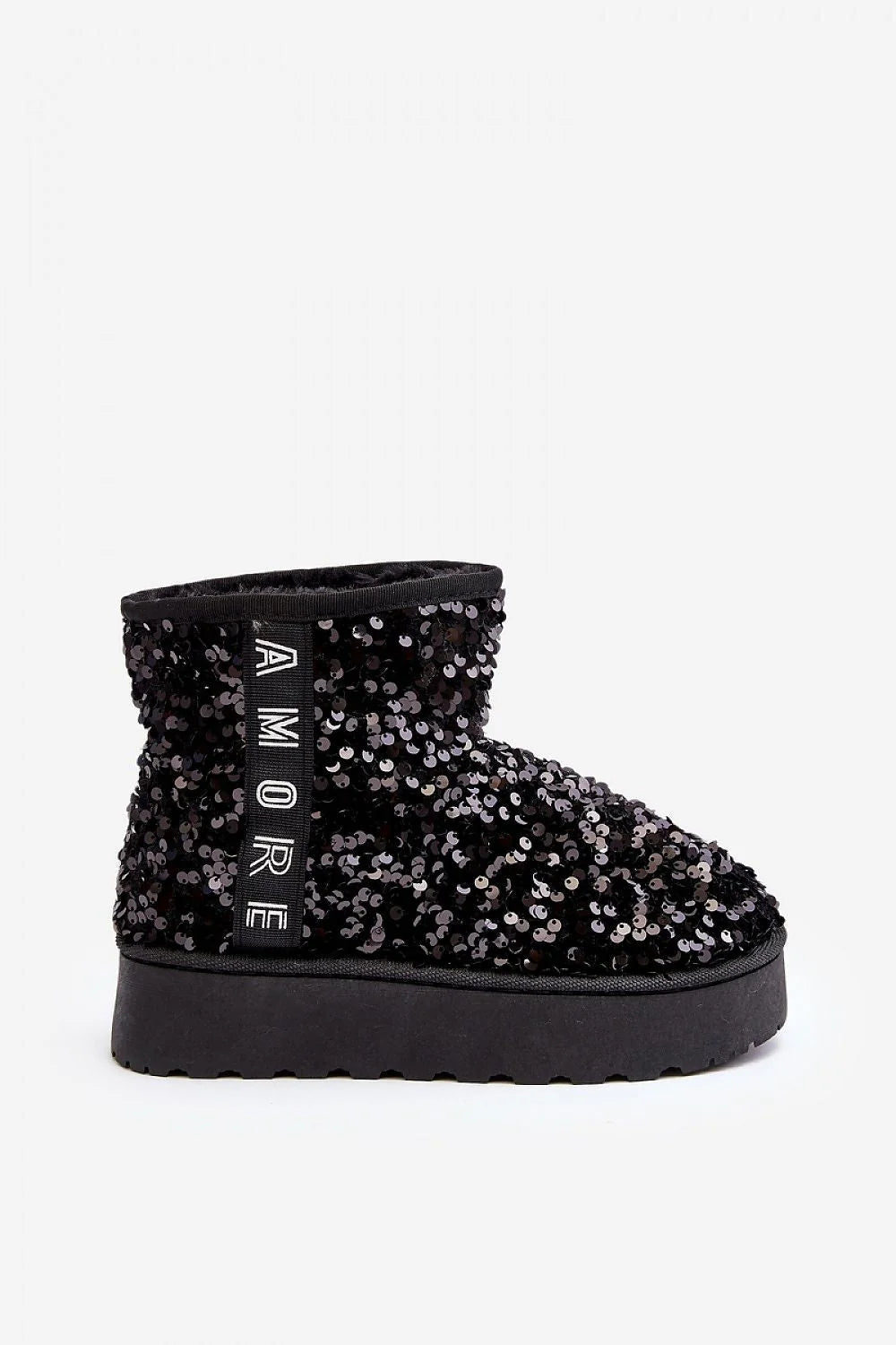 Bottes de neige pour femmes élégantes paillettes noires fourrure synthétique plateforme caoutchouc hauteur 12 cm style moderne AMORE