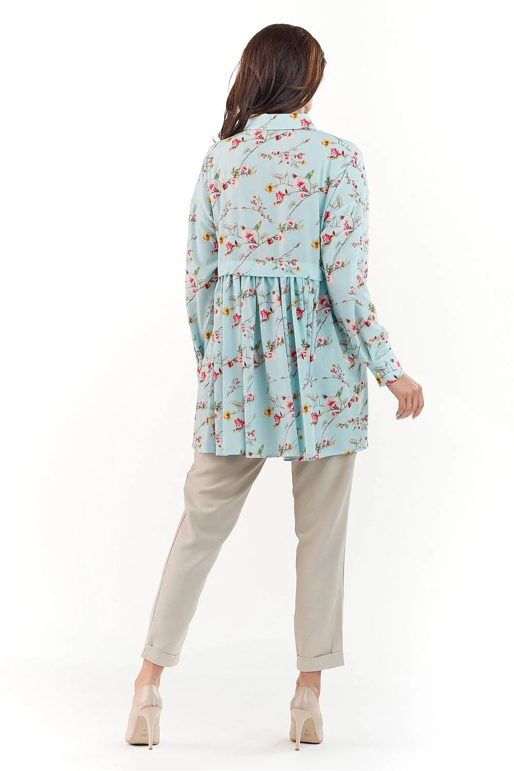 ensemble tunique pantalon floral rose pale polyester manches longues coupe droite semiformelle fluide doux col chemise mi cuisse