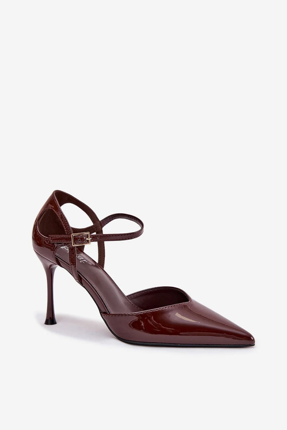 escarpins femme simili cuir verni brun chocolat talon aiguille haut bride cheville croisée boucle réglable bout pointu