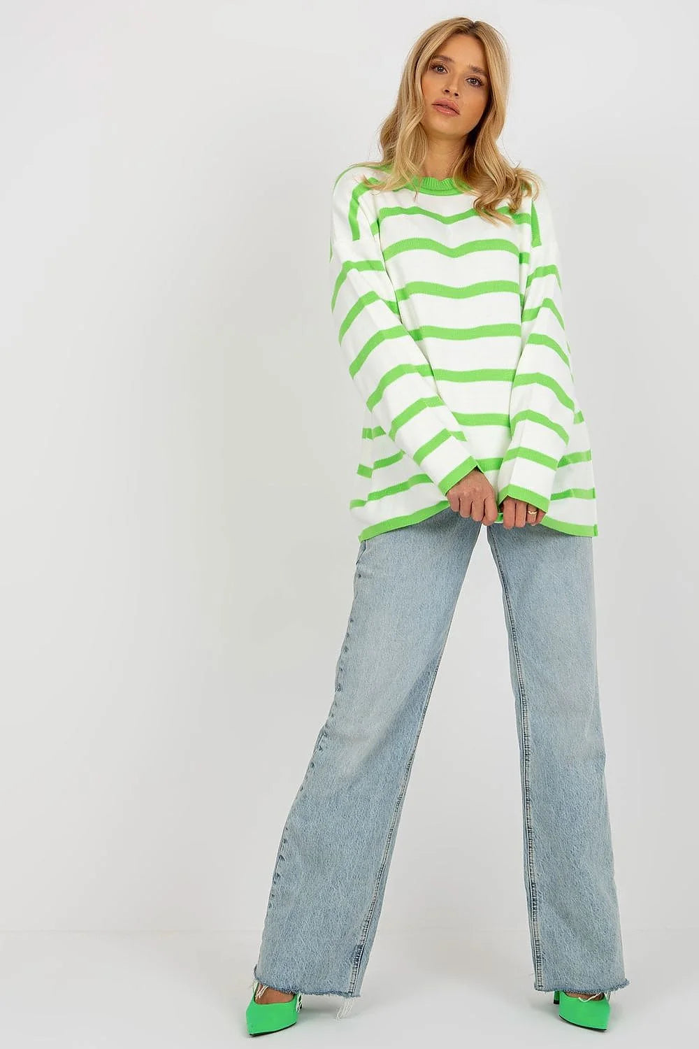 Pull ample femme Rue Paris manches longues col rond style casual épuré vert blanc