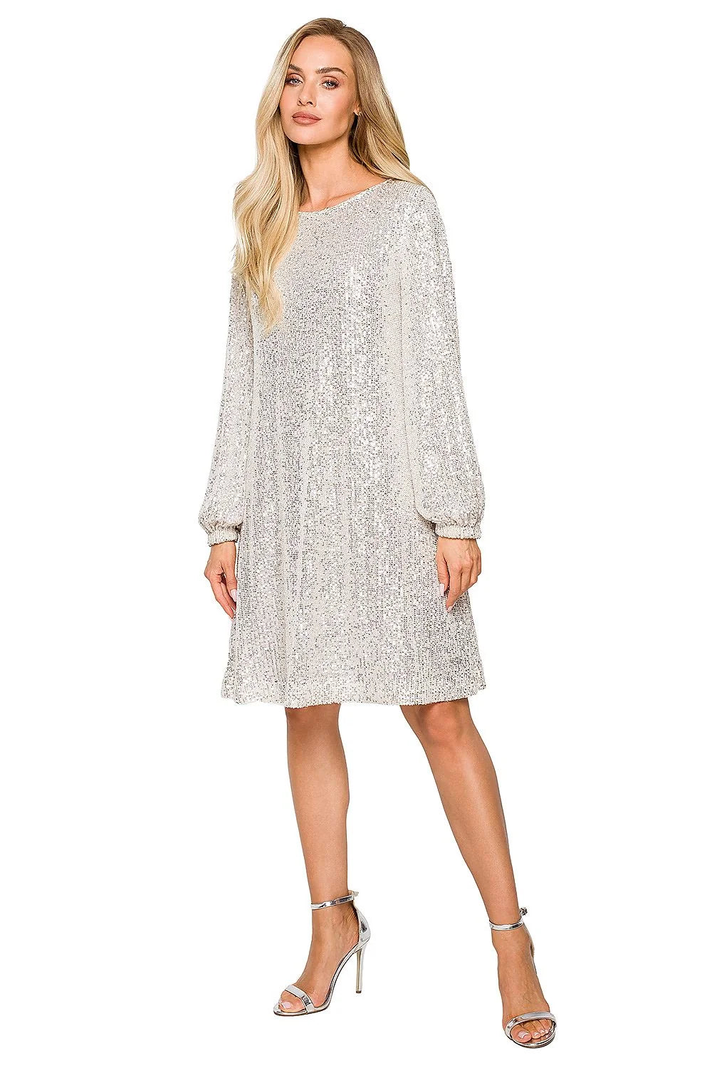 Robe de soirée élégante à paillettes argentées longueur genoux manches longues col rond ceinture nouable femme