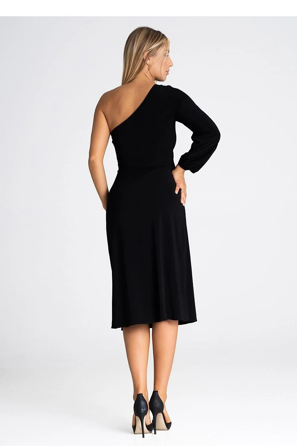 robe cocktail midi asymétrique monoépaule manche longue bouffante resserrée poignet taille cintrée jersey stretch mat fluide fendue noire élégante sophistiquée