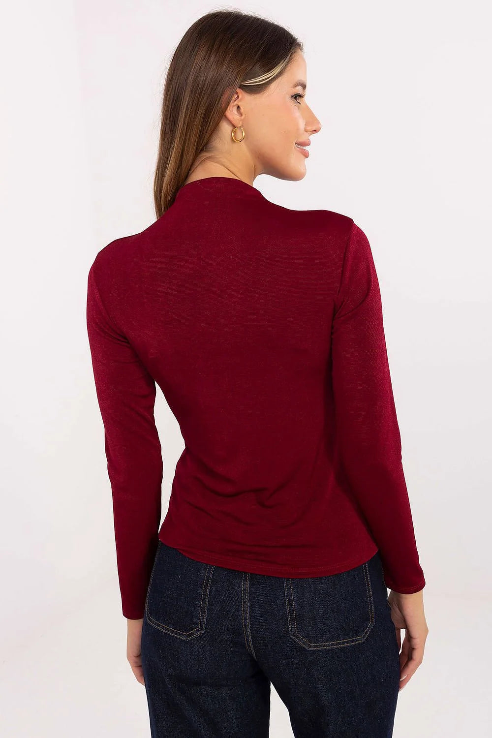 chemisier ajusté femme col montant manches longues bordeaux viscose polyester extensible maille fine doux slim polyvalent