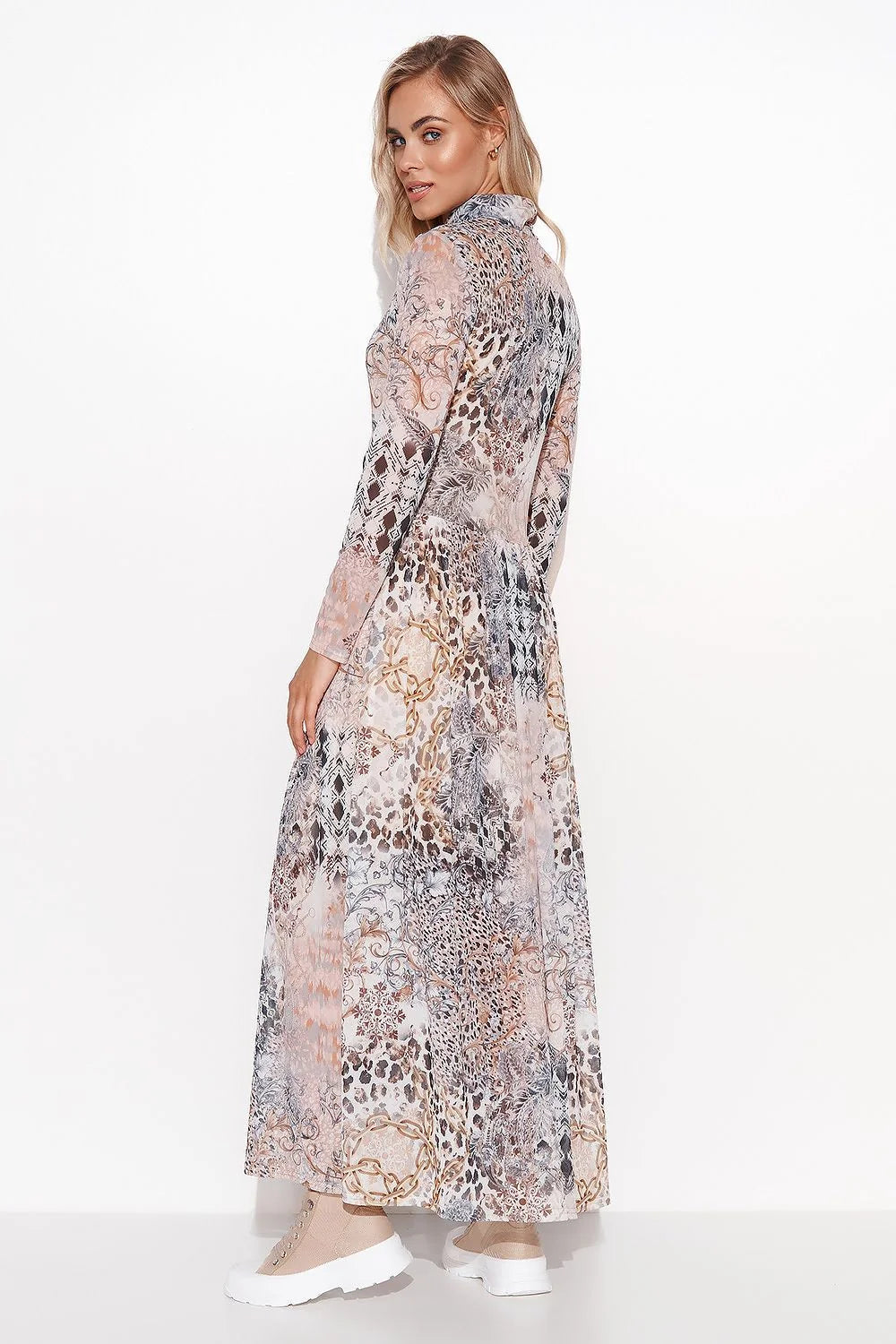 robe longue Makadamia maille douce aérée motifs animaliers géométriques manches longues col montant taille marquée partie inférieure évasée