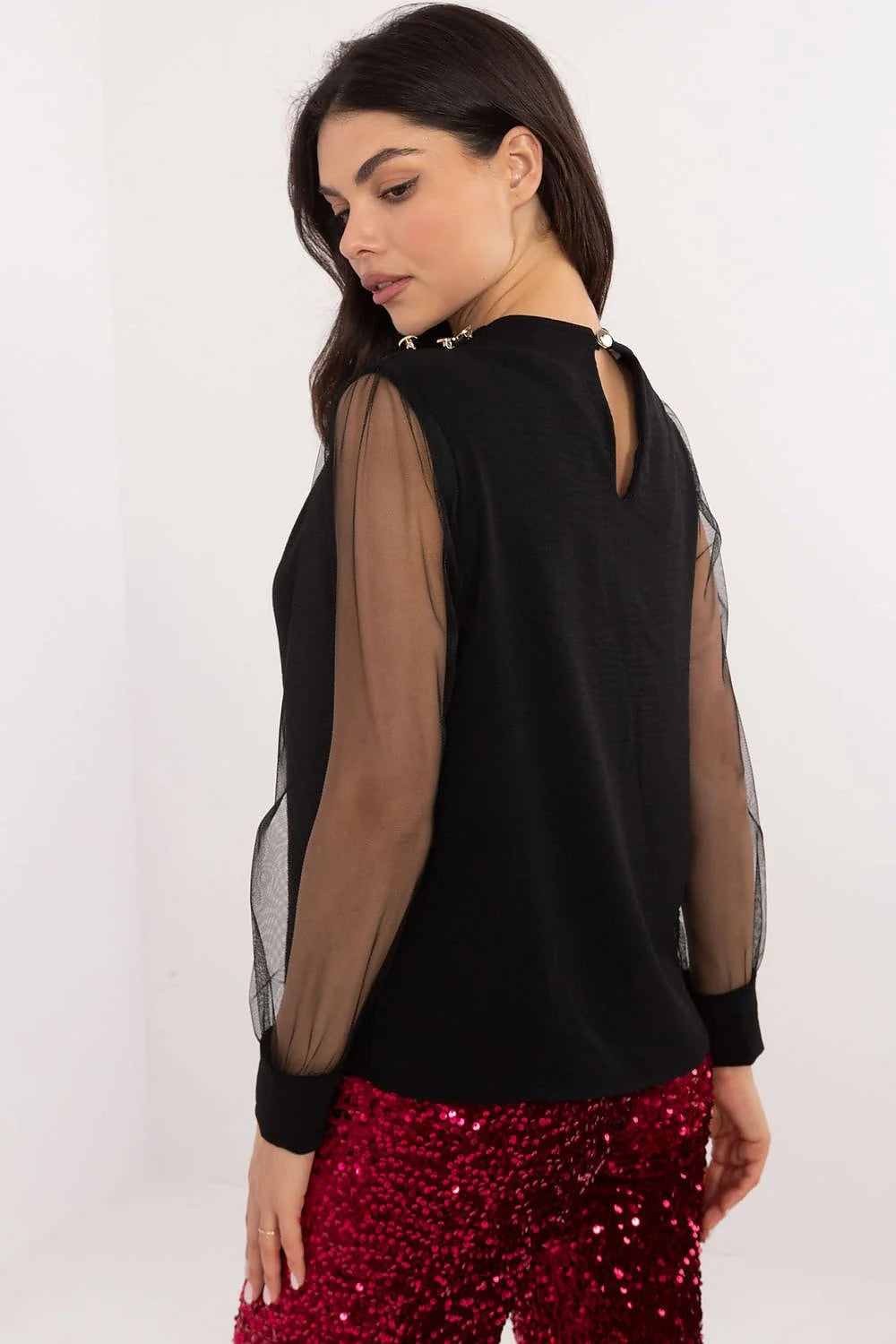 Ensemble sophistiqué et audacieux haut noir manches longues transparentes pantalon sequins rouges taille haute femme