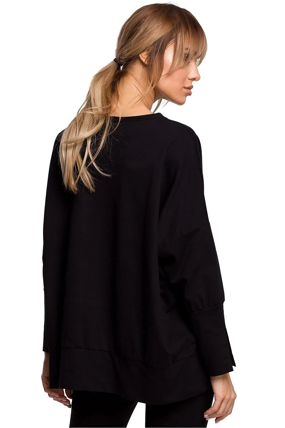 Sweatshirt ample coton noir moderne confortable manches longues fentes poignets pour femme décontractée élégante