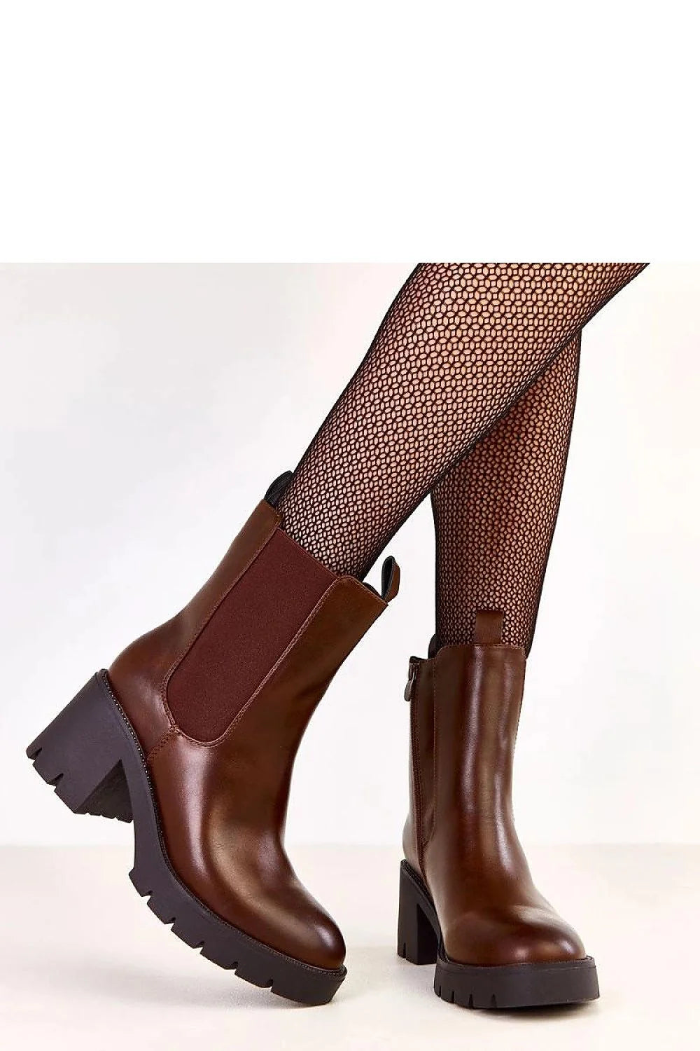 bottines femme cuir synthétique marron chocolat chelsea mi mollet empiècements élastiques latéraux zip intérieur talon bloc sept centimetres