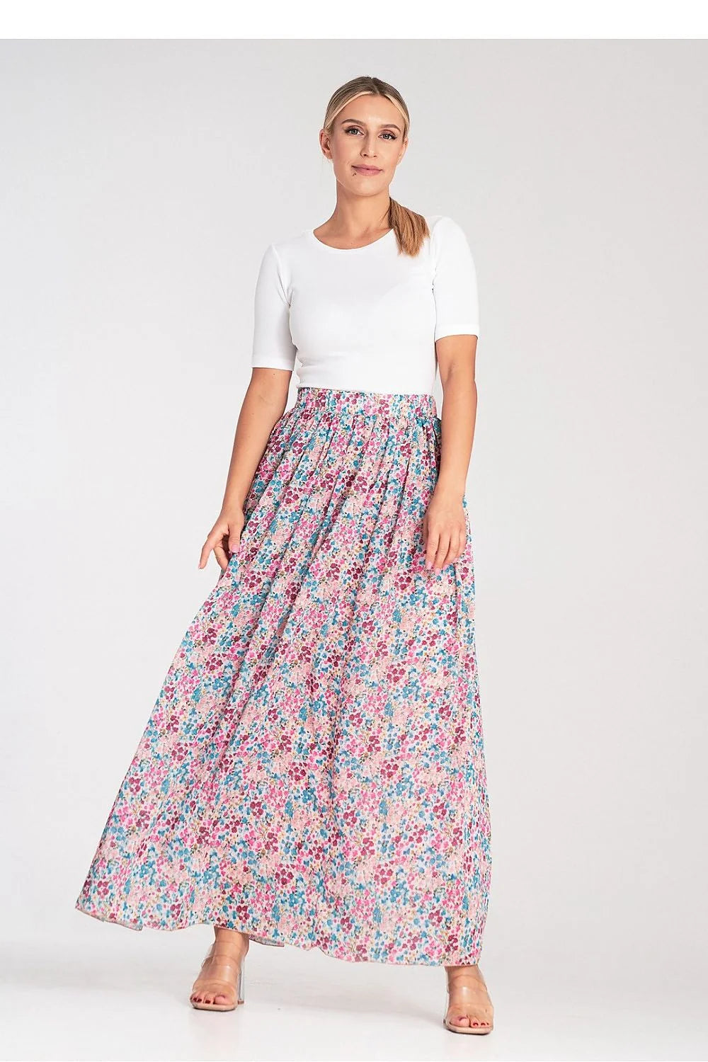 Jupe longue fleurie deux pièces taille haute tissu fluide viscose polyester femme été printemps
