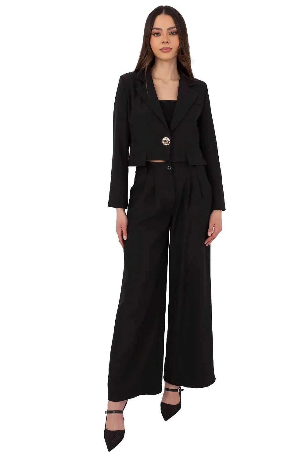 ensemble chic moderne femme blazer court tailleur bouton doré manches longues pantalon palazzo taille haute plis fluide noir