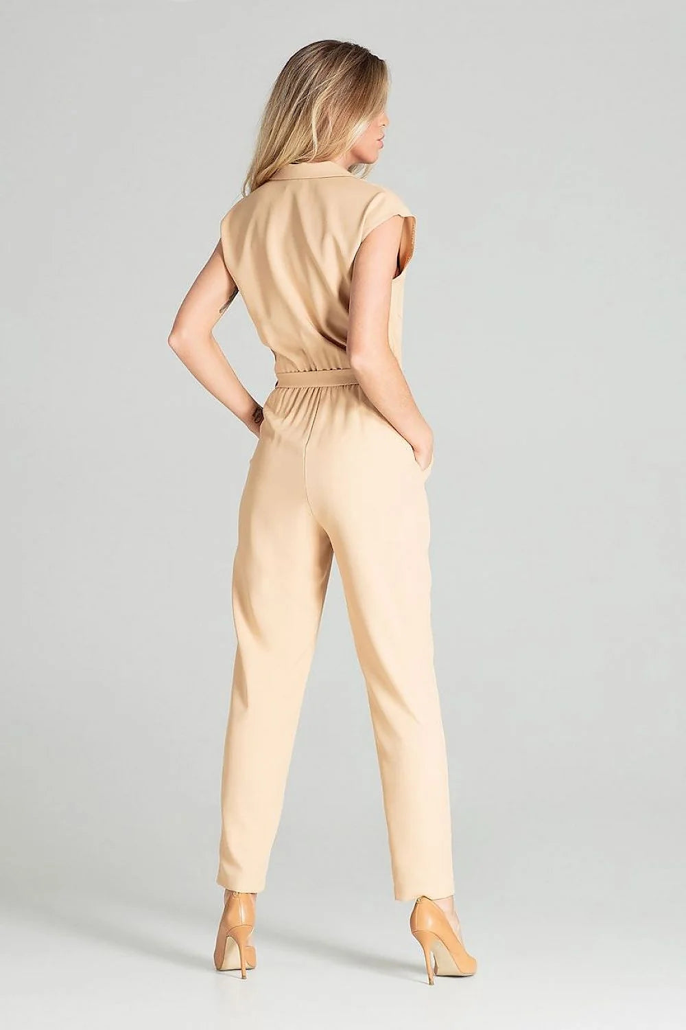 Combinaison femme polyester chic bleu pastel manches courtes ceinture nouée élégante polyvalente taille ajustée