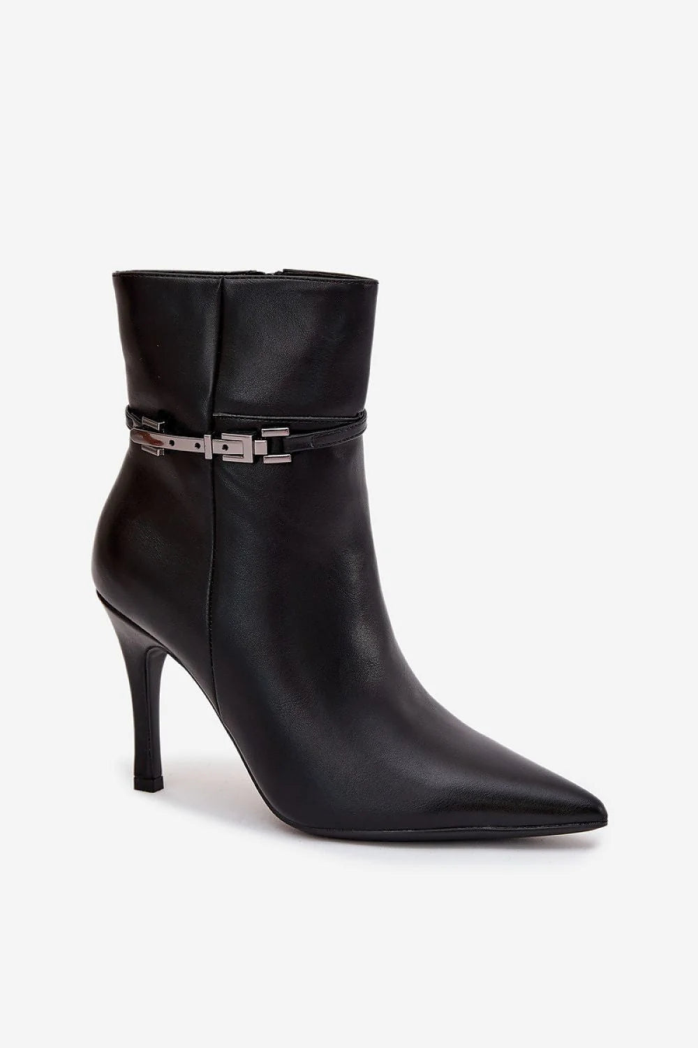 bottines cheville talon stiletto haut noir similicuir bout pointu doublure fourrure chaude sangle boucle métal zippée élégantes