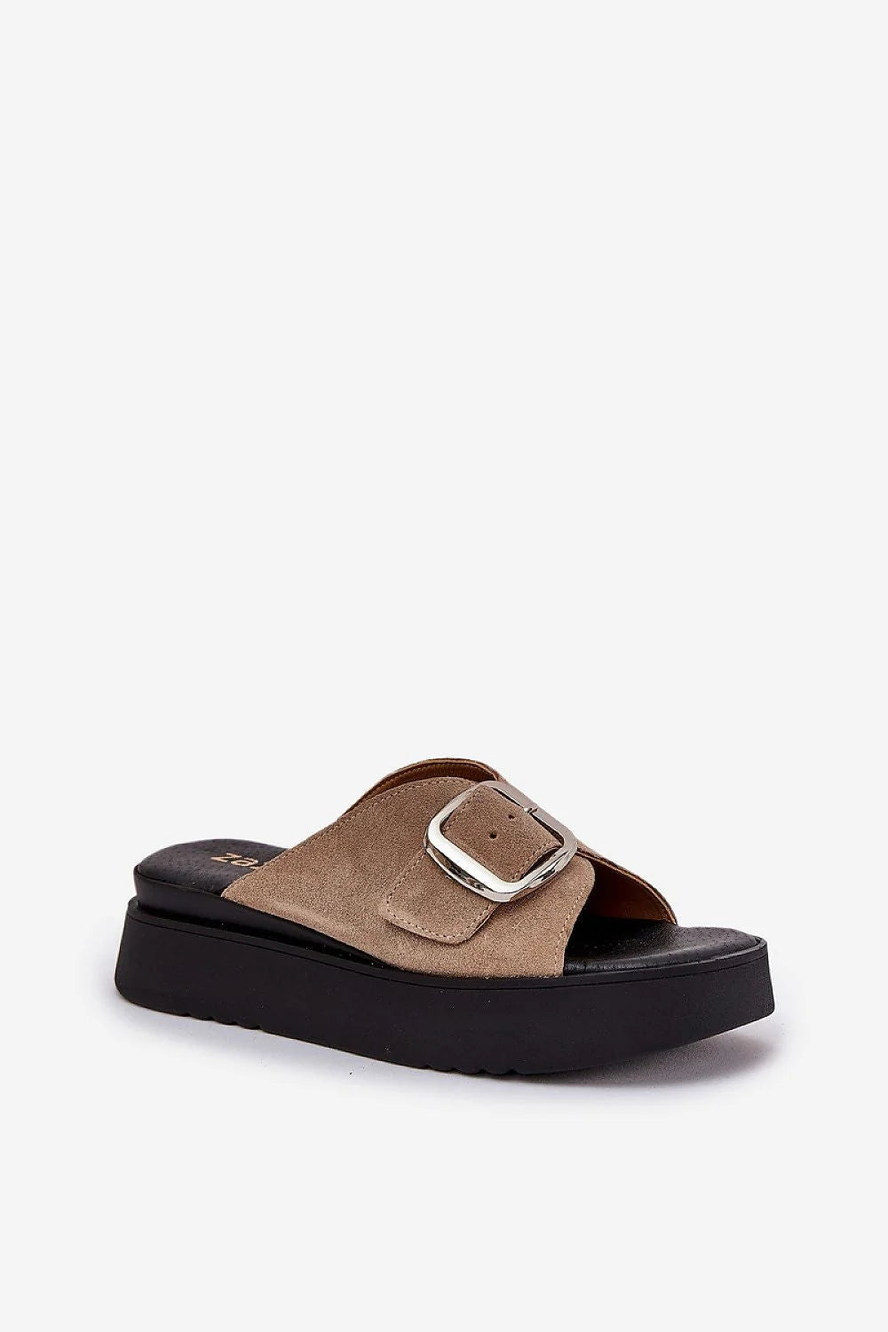 Sandales plateforme cuir suédé taupe beige mules sliders bride large boucle métallique argentée semelle noire rembourrée antidérapante confortables ajustables urbaines