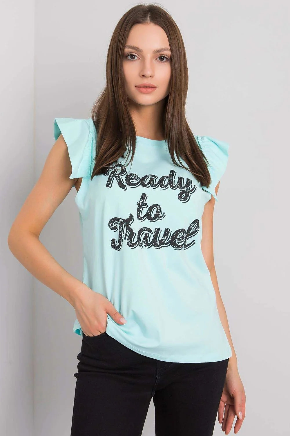 Top mode femme sans manches en coton graphique Ready to Travel ruffle neckline pastel yellow casual chic
