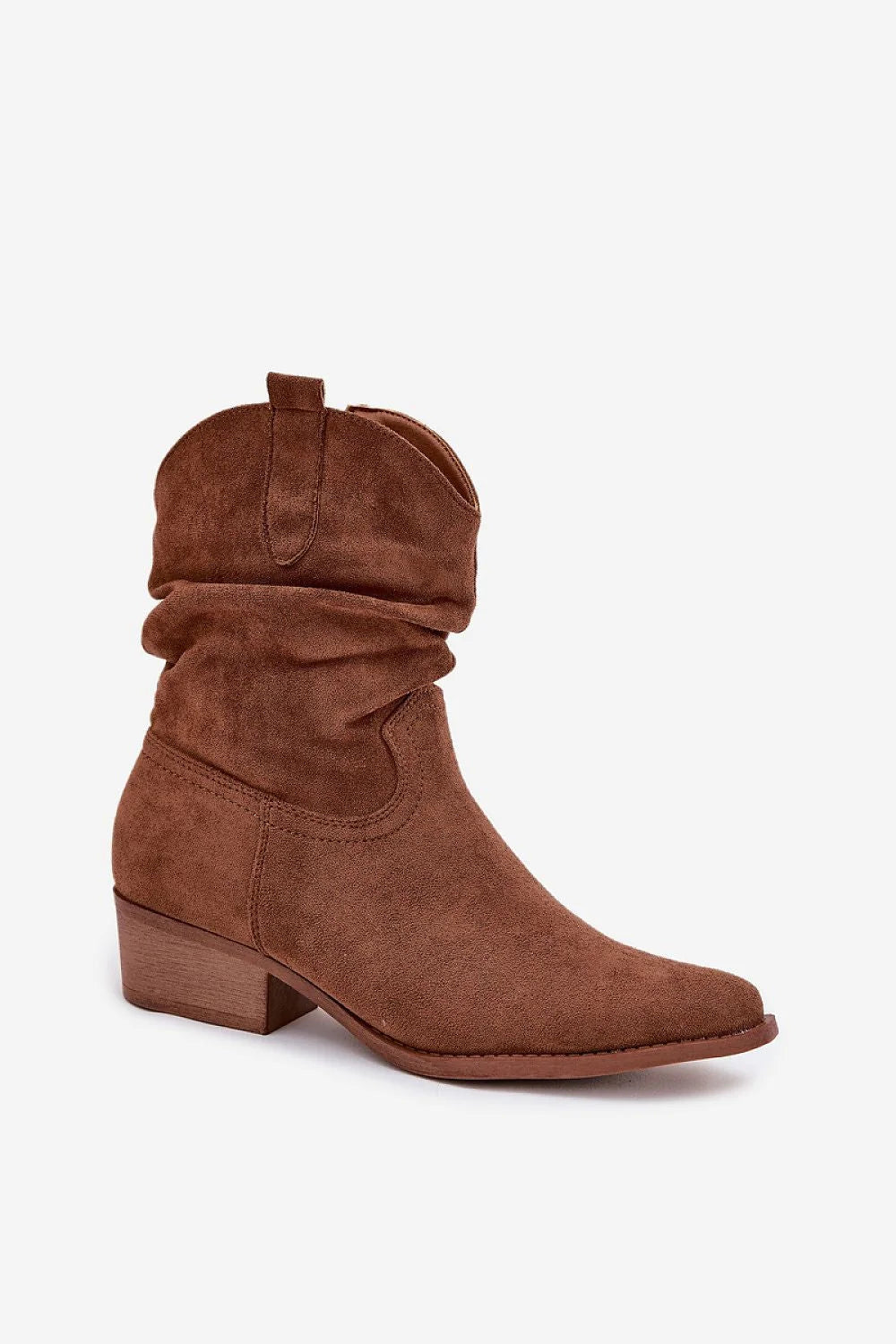 bottines femme suédine écologique chocolat western tige plissée courte bout amande talon bloc bas confort fermeture éclair latérale semelle résistante