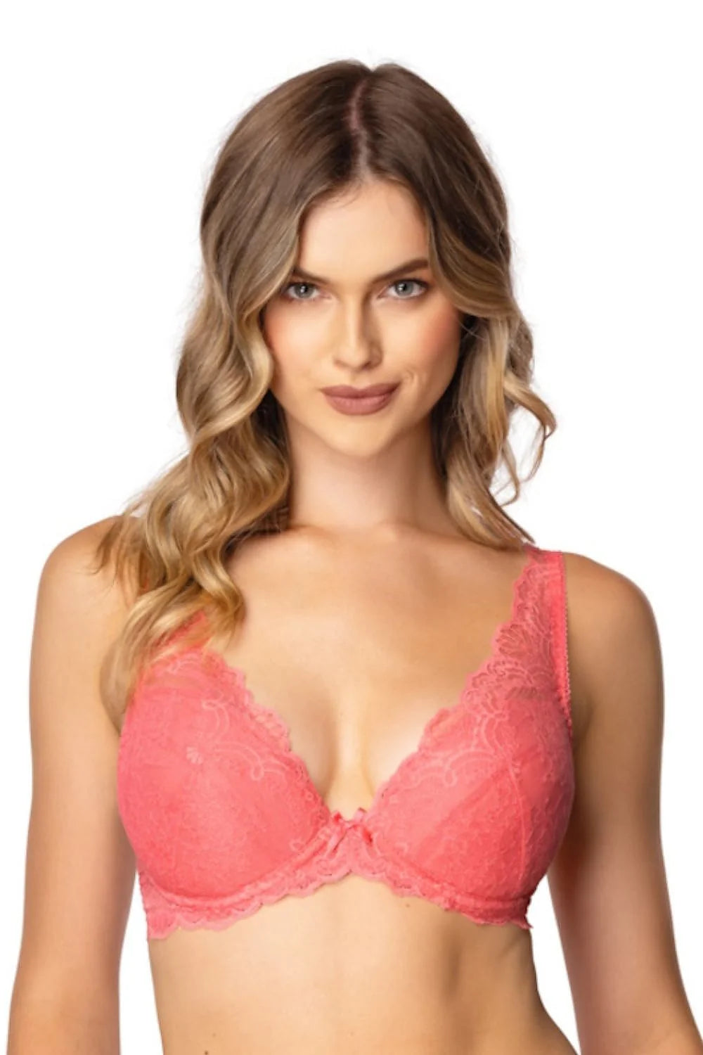 soutiengorge pushup samba corail dentelle florale plongeant armatures bretelles réglables fermeture sculptante galbe arrondi confort romantique ensemble culotte assortie semitransparente