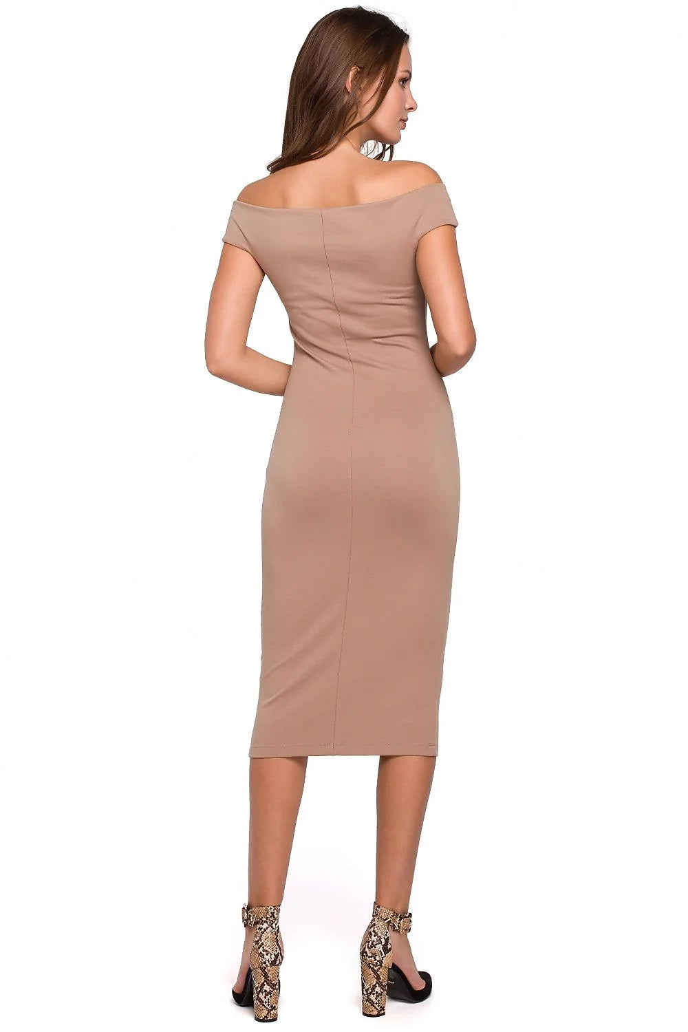 robe midi fourreau bodycon jersey stretch marron foncé bardot épaules dénudées coupe crayon ajustée mi mollet élégante sophistiquée confortable extensible