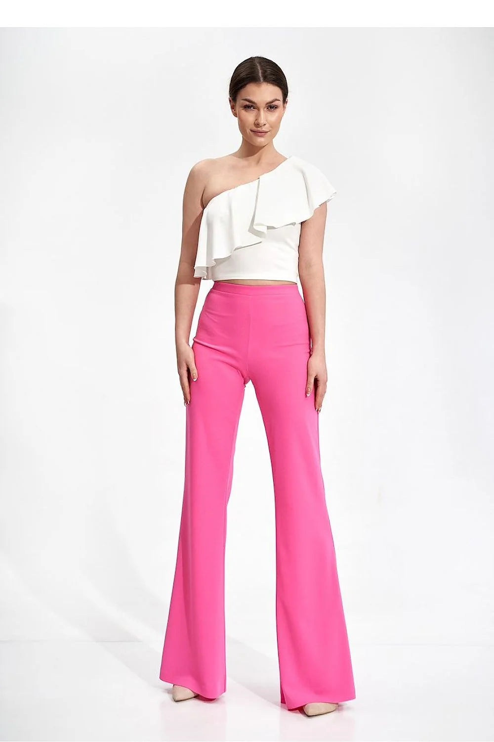Pantalon moderne femme Figl taille haute matière extensible style élégant couleur bleu roi sans boutons sans poches