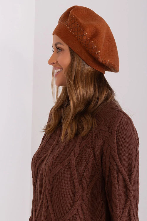 Béret pour femme en acrylique, coton et cachemire, teinte brun orangé, style classique moderne, accessoire mode automne hiver
