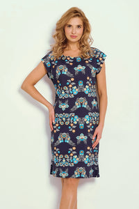 chemise nuit légère mi genou coton imprimé floral bleu marine orange manches courtes fentes latérales coupe ample confortable encolure ronde