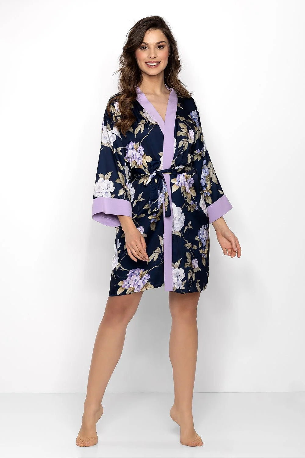 Peignoir Momenti Per Me Satin Floral Kimono Femme Coupe Ample Manches 3/4 Ceinture Assortie