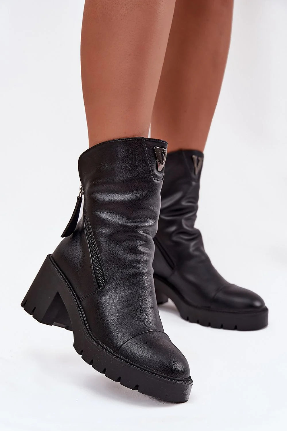 bottines femme Vinceza talon bloc massif cuir grainé noir semelle crantée plateforme antidérapante bout rond tige froncée double fermeture éclair