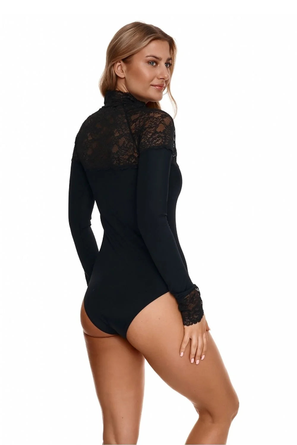 Body élégant pour femme en dentelle et microfibre noire manches longues ajusté sexy mode intemporel