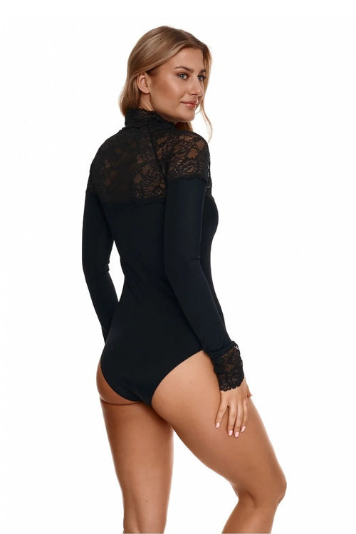 Body élégant pour femme en dentelle et microfibre noire manches longues ajusté sexy mode intemporel