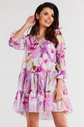 robe awama mousseline polyester floral imprimé aquarelle rose lilas vert blanc coupe trapèze volants superposés manches bouffantes décolleté V