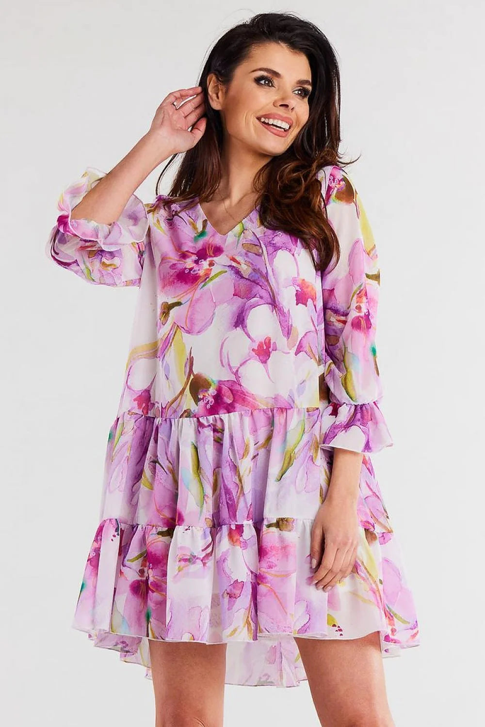 robe awama mousseline polyester floral imprimé aquarelle rose lilas vert blanc coupe trapèze volants superposés manches bouffantes décolleté V