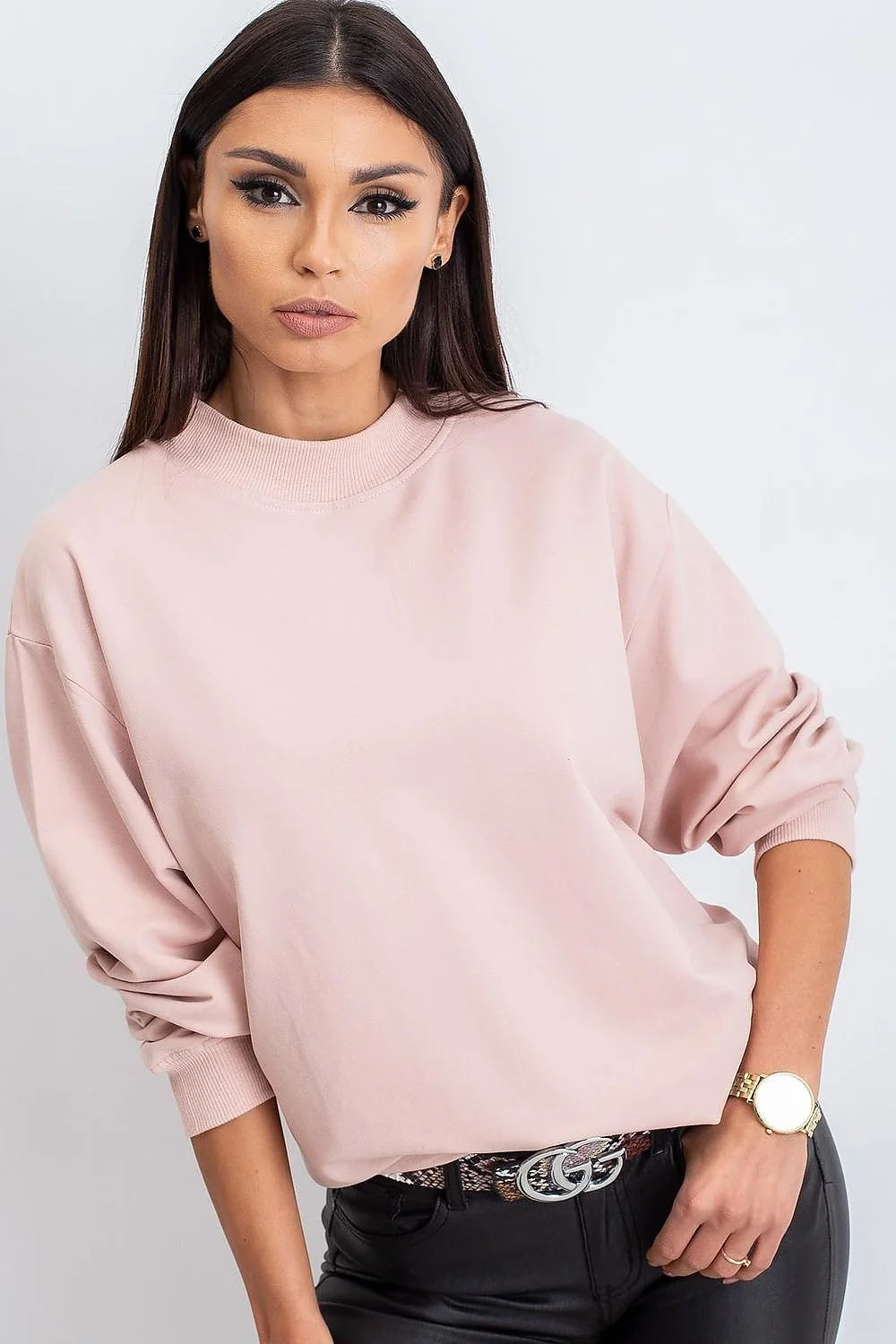 Sweatshirt BFG pour femme en coton 90% élasthanne 10%, style casual oversize, couleur bleu vif, manches longues, col rond côtelé, idéal pour tenues urbaines et décontractées