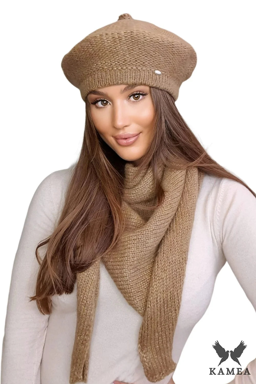 béret écharpe assortis Kamea femme hiver camel mérinos polaire tricot maille serrée triangulaire slouchy côtelé chaud doux sophistiqué