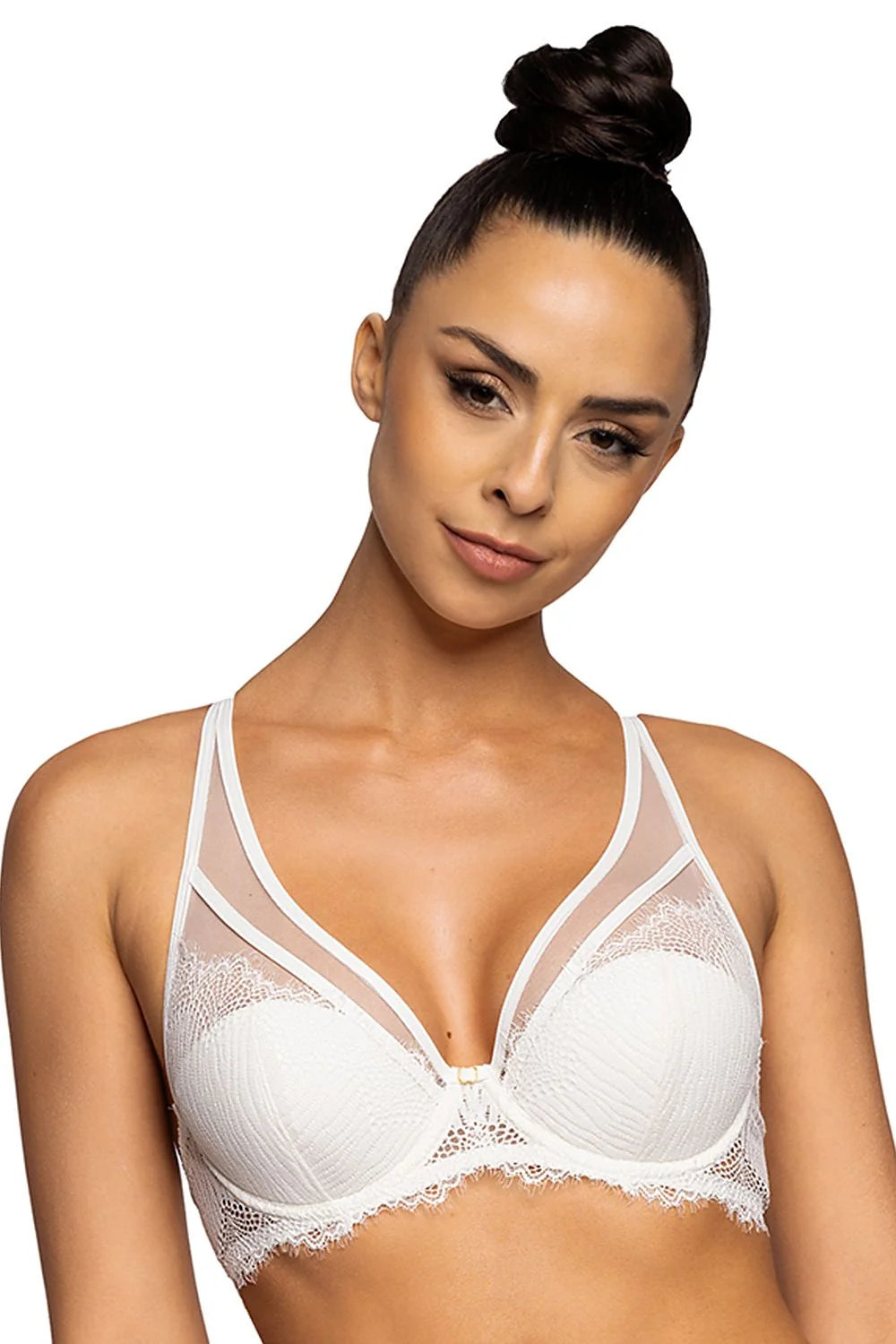 Soutien-gorge élégant en dentelle blanche avec tulle transparent, coussinets amovibles et armatures intégrées, fermeture réglable, bretelles ajustables, occasion spéciale, confort quotidien