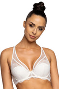 Soutien-gorge élégant en dentelle blanche avec tulle transparent, coussinets amovibles et armatures intégrées, fermeture réglable, bretelles ajustables, occasion spéciale, confort quotidien