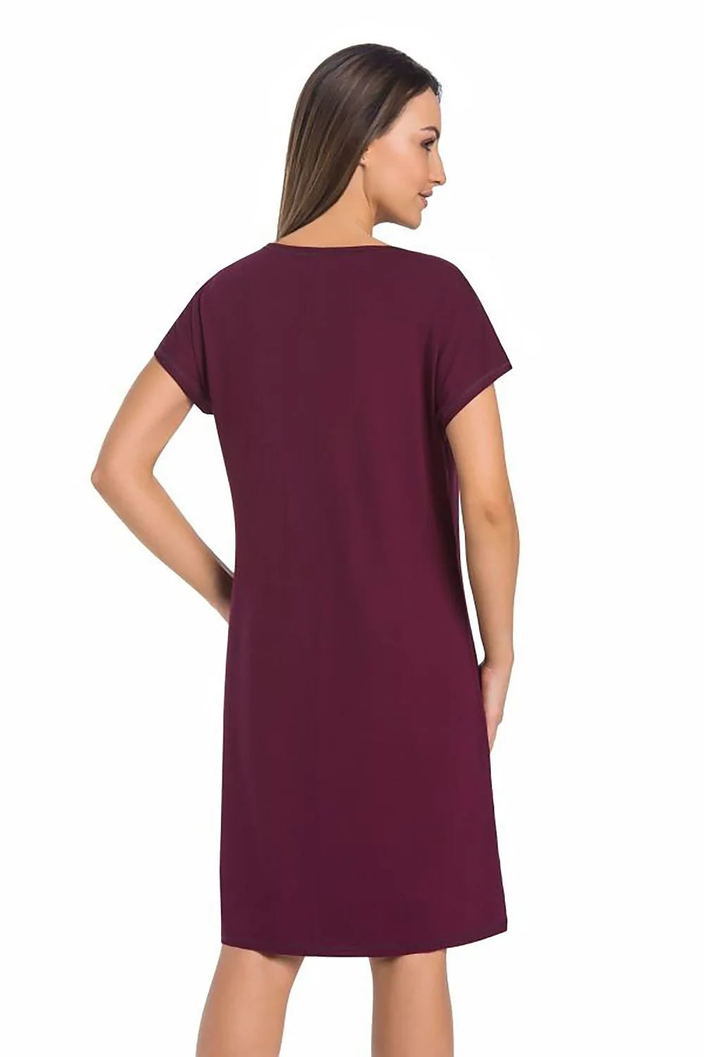 Robe femme style décontracté couleur bordeaux encolure ronde manches courtes droites coupe droite fluide longueur au-dessus du genou matériau synthétique confortable