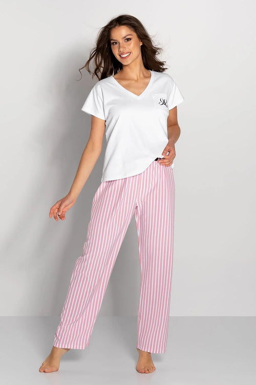 Pyjama coton blanc tshirt col V manches courtes pantalon rayures roses coupe droite ample féminine détente élégante sortie