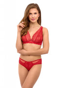 Ensemble lingerie féminine sexy dentelle rouge soutien-gorge sans armature culotte bikini transparence motifs floraux couleur vif