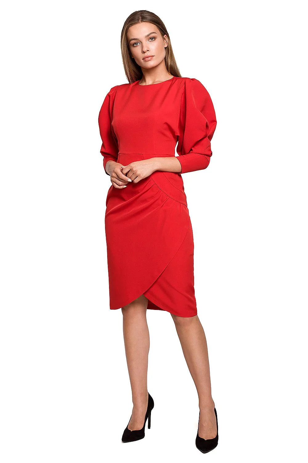 robe élégante terre cuite femme midi fourreau coupe ajustée taille marquée jupe portefeuille asymétrique tulipe manches mi longues