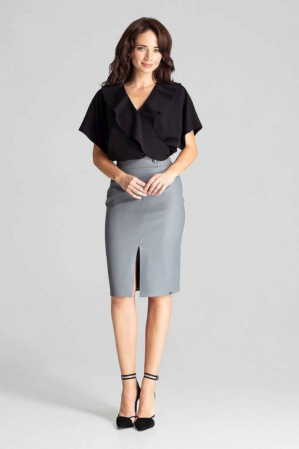 Jupe crayon écologique grise femme taille haute élégante polyester élasthanne fente centrale mode responsable