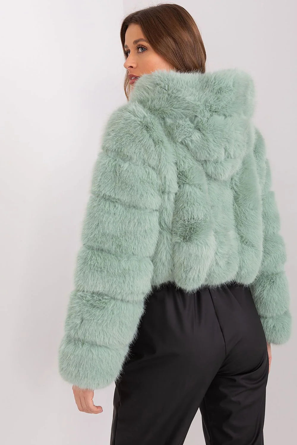 Veste élégante pour femme en fausse fourrure verte pâle coupe droite manches longues col montant polyester durable automne/hiver