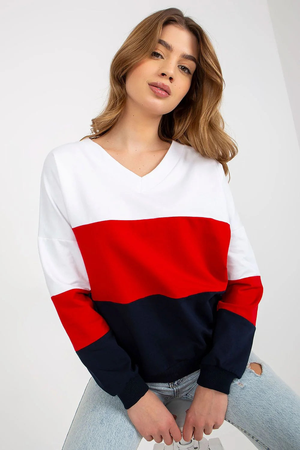 Sweatshirt femme Rue Paris manches longues en V blocs de couleur coton élasthanne confortable taille S M L XL